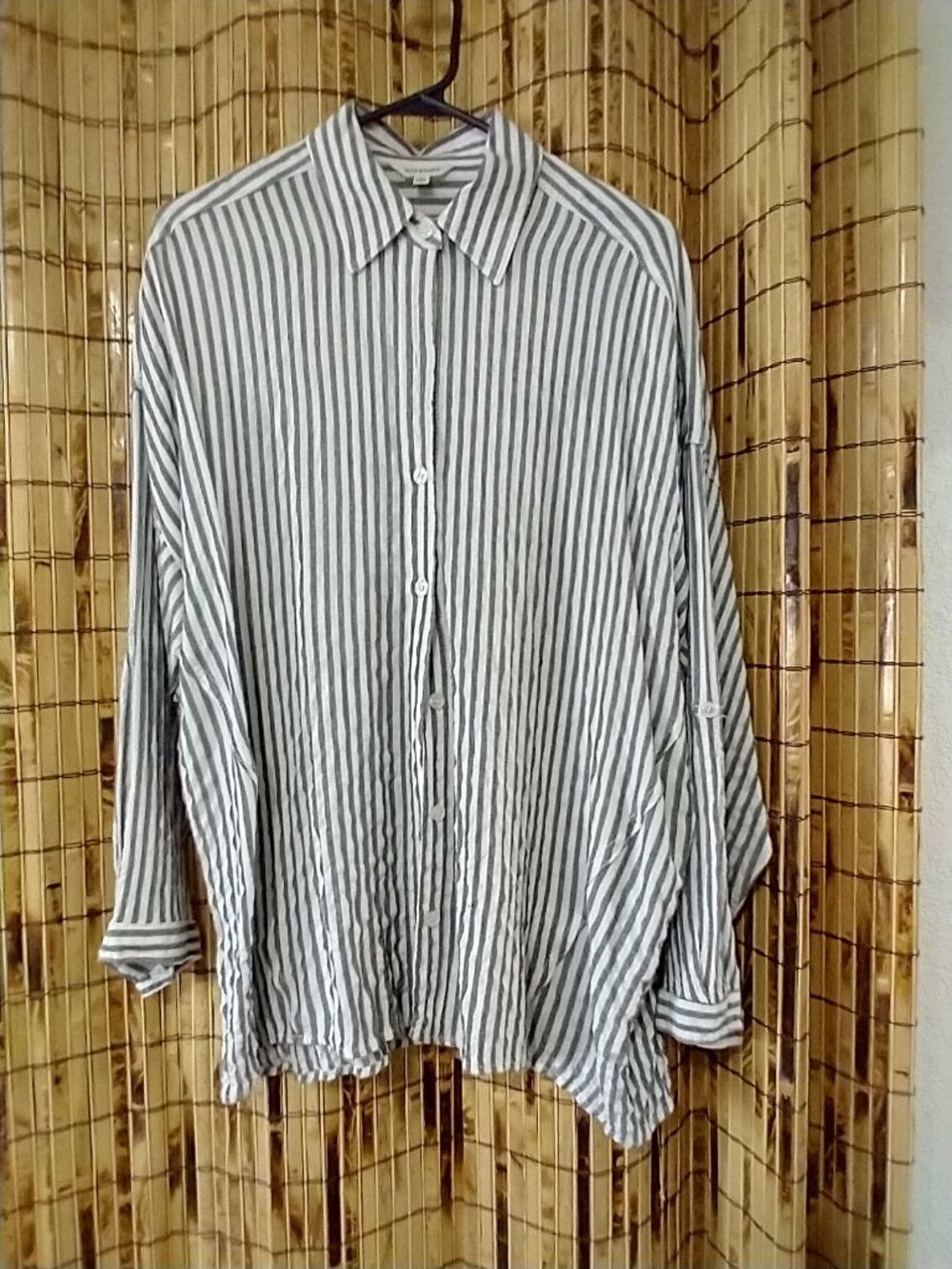 Max Studio Gray-and-White Striped Button-Down Tunic Shirt Size Large